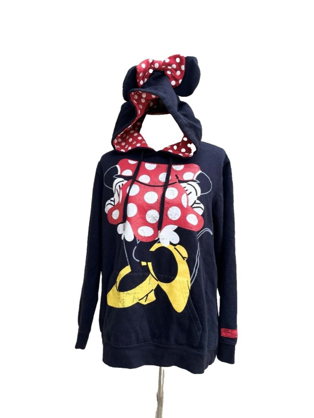 Disney Parks Minnie Mouse Hoodie Mens XL Black Ears Bow Graphic Fleece Pullover